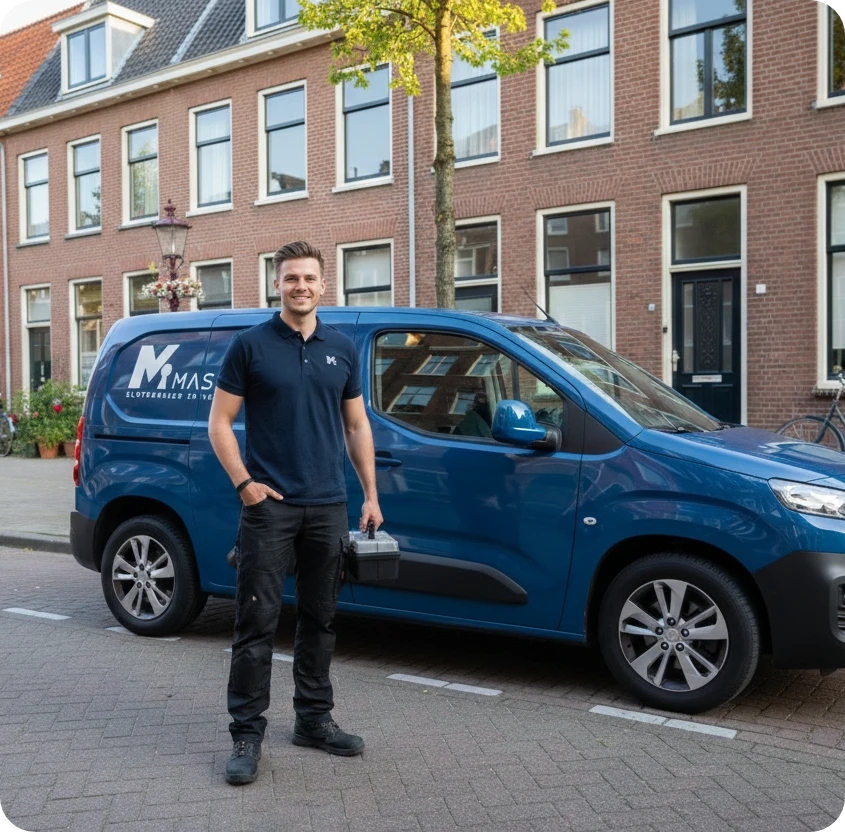 Erkende slotenmaker inspecteerd onderdelen bij de bus